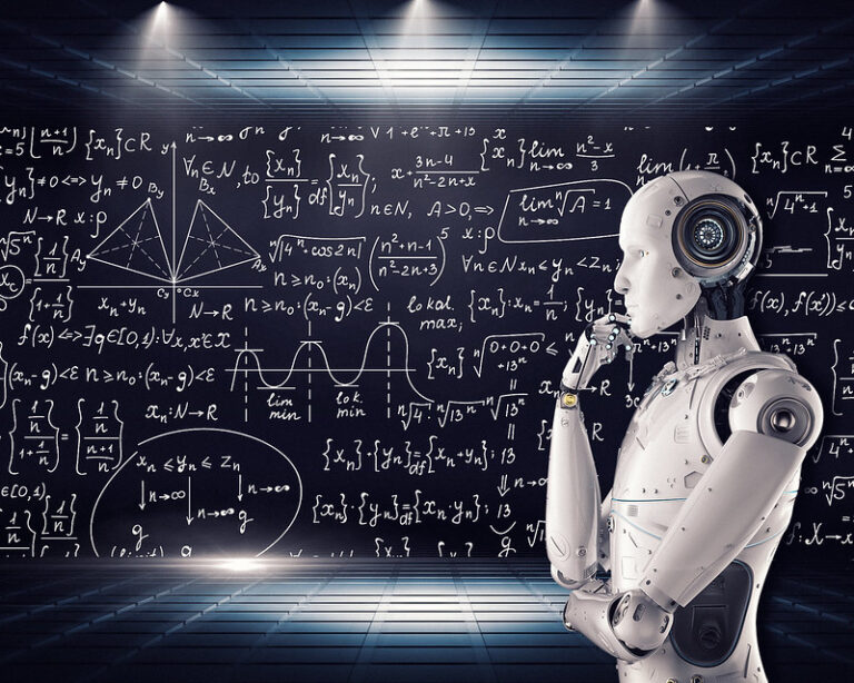 A humanoid robot stands in front of a wall covered in complex mathematical equations, deep in thought, while touching its chin.